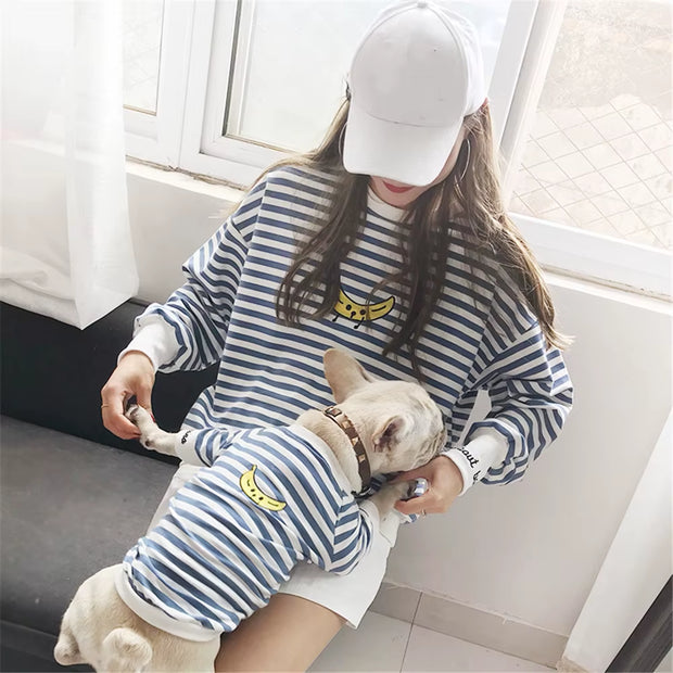 Dog Matching Owner Set Family Dog Clothes French Bulldog Corgi Stripe Pet Sweatshirt Banana Embroidery Small Dog Hoodies