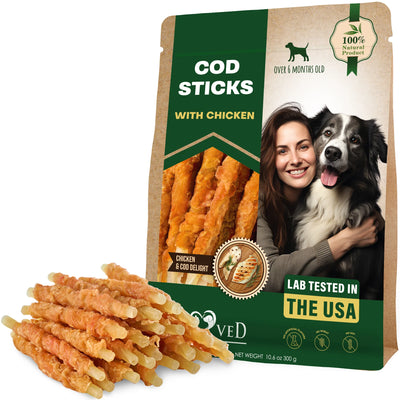 Cod Sticks Dog Treats Chicken Wrapped - All Natural Rawhide - Free & Grain Free Long Lasting Chews for Large & Small Dogs - Support Healthy Teeth & Skin Coat