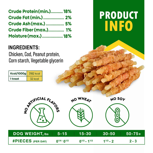 Cod Sticks Dog Treats Chicken Wrapped - All Natural Rawhide - Free & Grain Free Long Lasting Chews for Large & Small Dogs - Support Healthy Teeth & Skin Coat